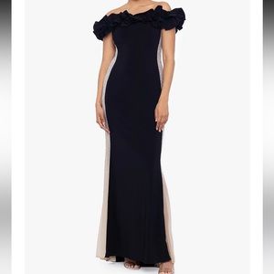 Xscape Stretch Ruffled Off-the-Shoulder Rhinestone Mesh Side Gown style # 5679X